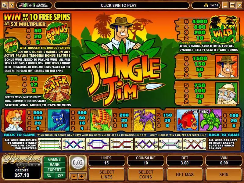Jungle Jim Microgaming 5 Reel 15 Line