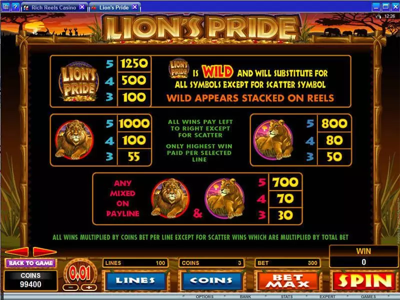 Lion's Pride Microgaming 5 Reel 100 Line