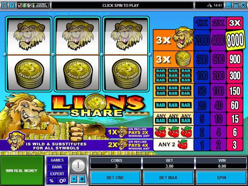 Lions Share Microgaming 3 Reel 1 Line