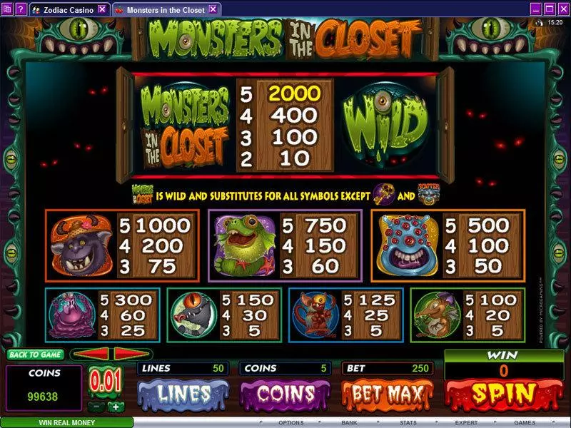 Monsters in the Closet Microgaming 5 Reel 50 Line