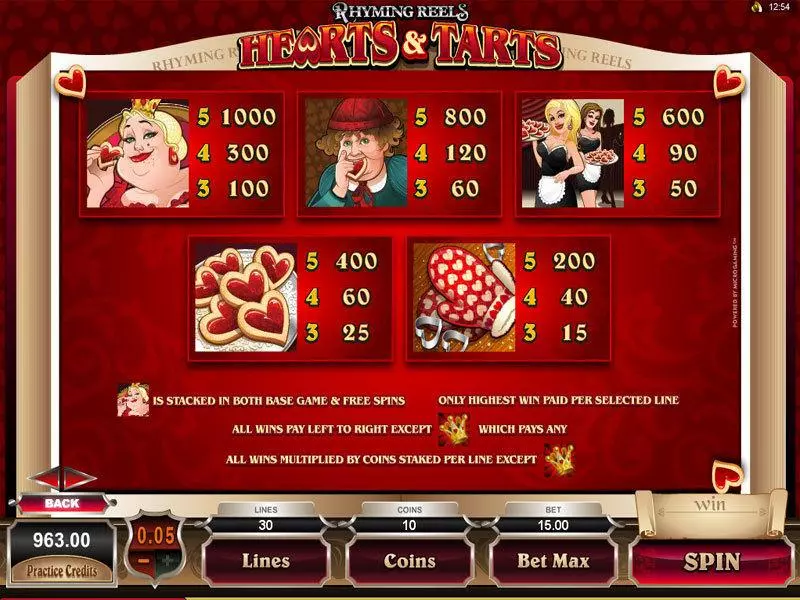 Rhyming Reels - Hearts and Tarts Microgaming 5 Reel 30 Line