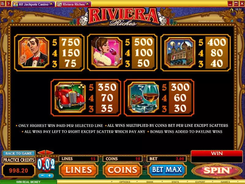 Riviera Riches Microgaming 5 Reel 15 Line